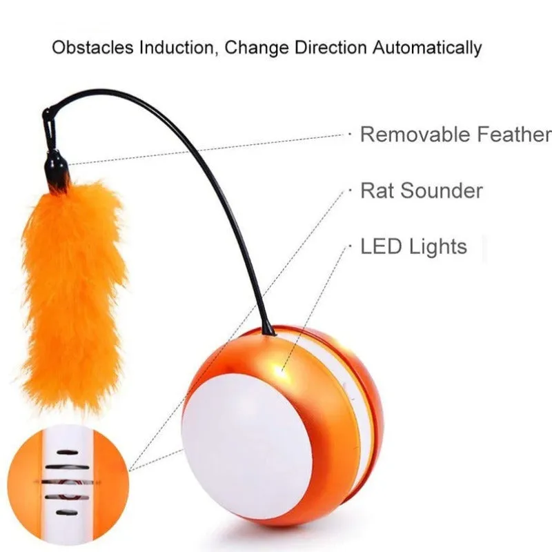 Cat Toy Electronic Self Rolling Ball With Feather Wand LED Light Automatic Cat Toys