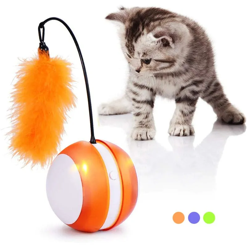 Cat Toy Electronic Self Rolling Ball With Feather Wand LED Light Automatic Cat Toys