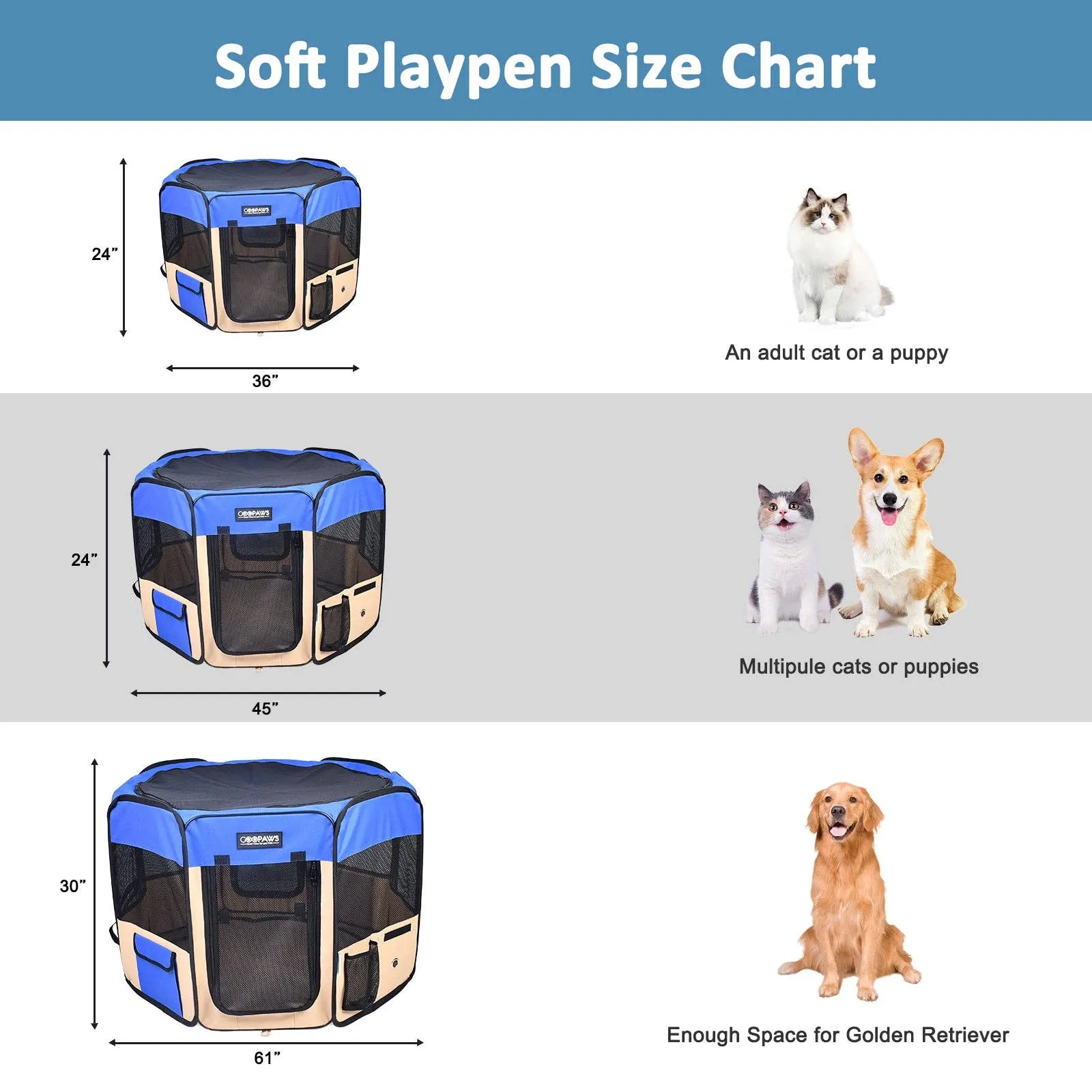 Jespet 2-Door Portable Soft-Sided Dog, Cat & Small Pet Exercise Playpen, Blue, 61''