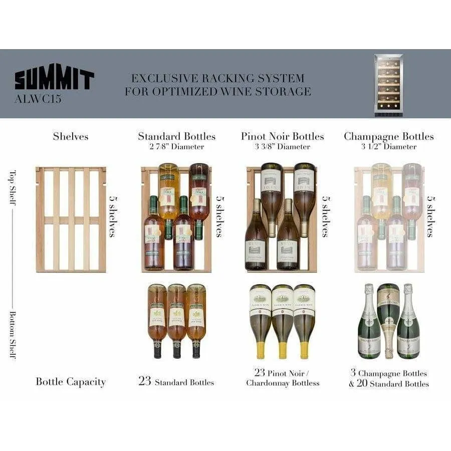 Summit 15" Built-In 23 Bottle Single Zone All Stainless Steel Glass Door ADA Wine Fridge ALWC15CSS