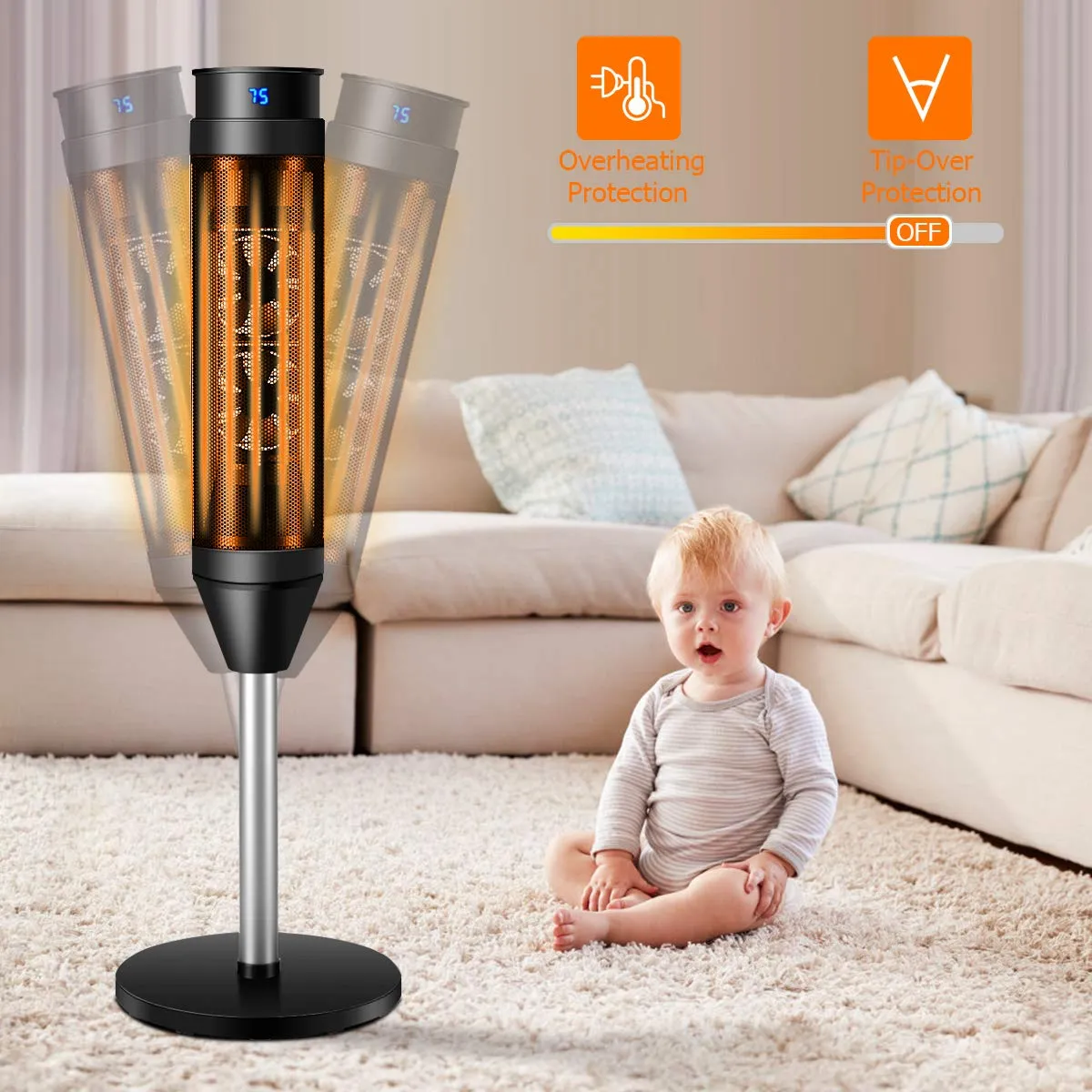 Tangkula 1000W/1500W PTC Ceramic Tower Heater, 34-Inch Oscillating Heater with Remote, Thermostat & 8H Timer