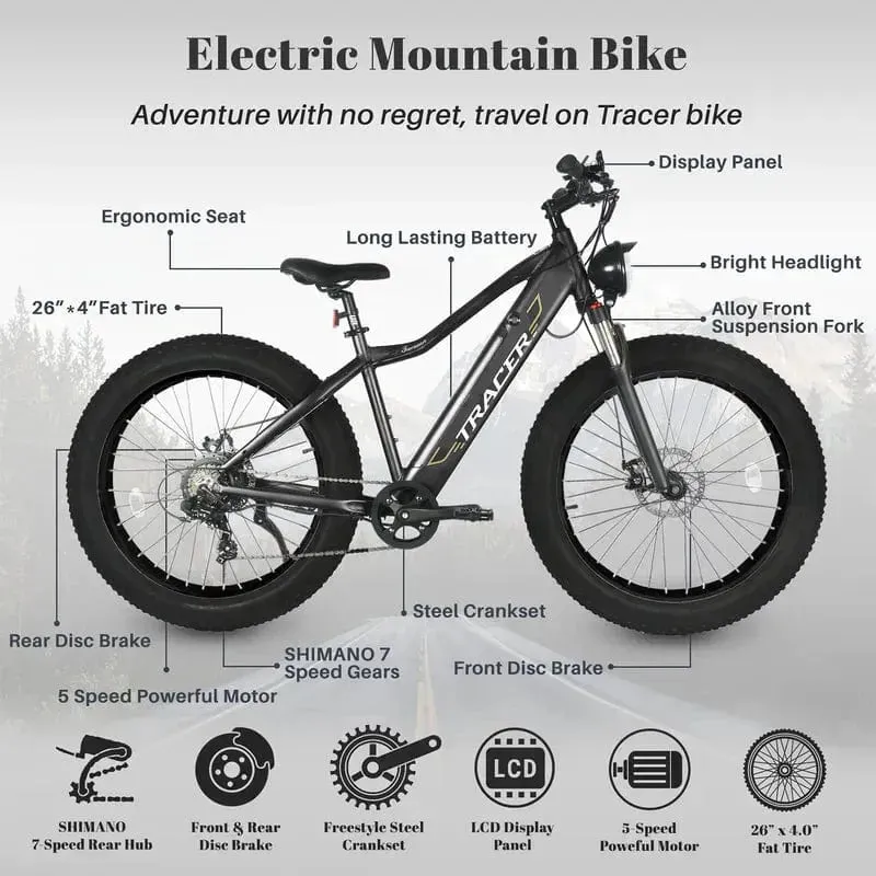 Tracer Tacoma 26" 7 Speed Electric Fat Tire Bike w/ Dual Suspensions - 800 Watt, 48V