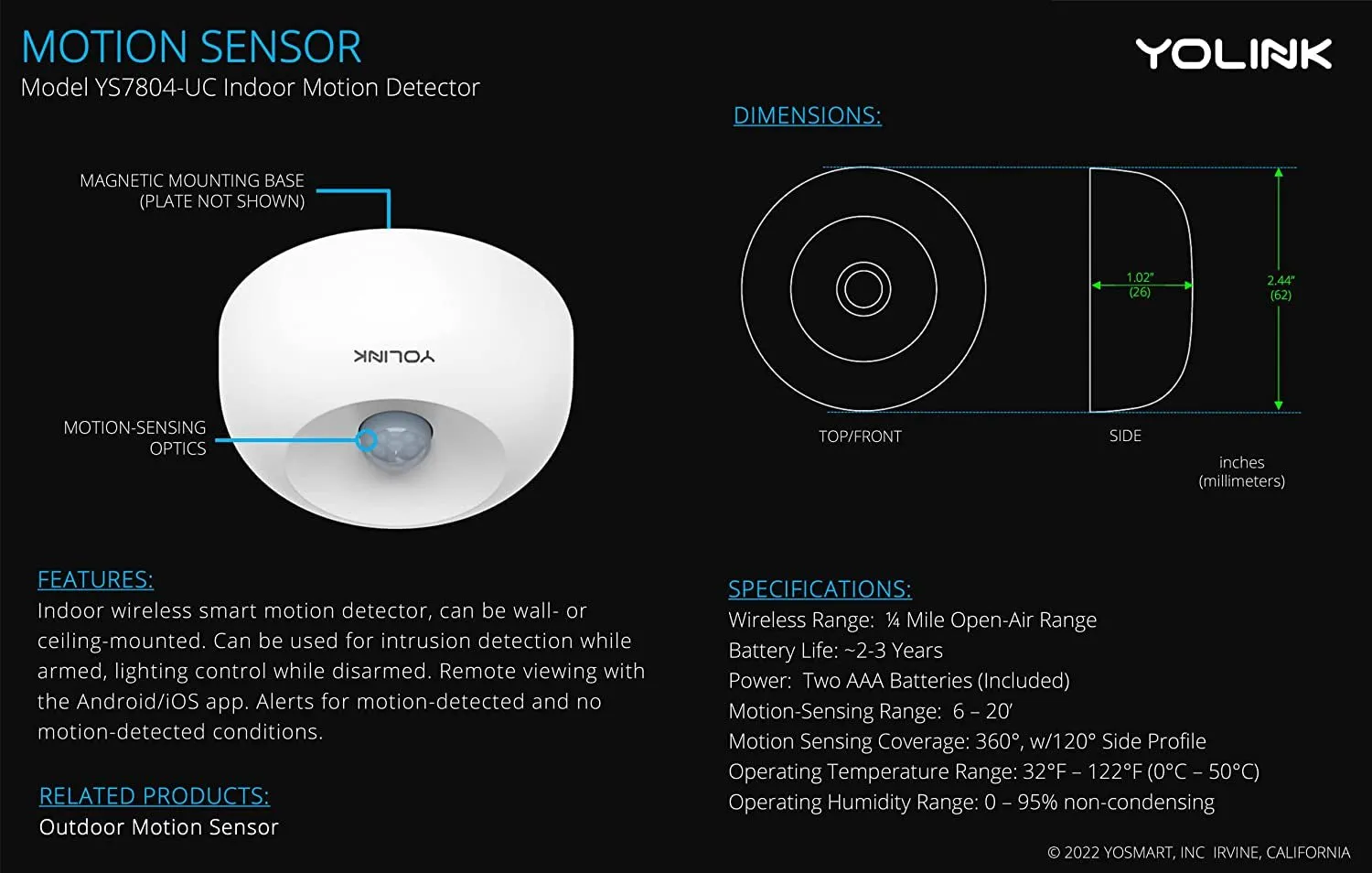 Yolink Lora 1/4 Mile Wireless Range Smart Motion Detector, Indoor Motion Sensor, Motion Detector, Alexa, IFTTT, Yolink Hub Required