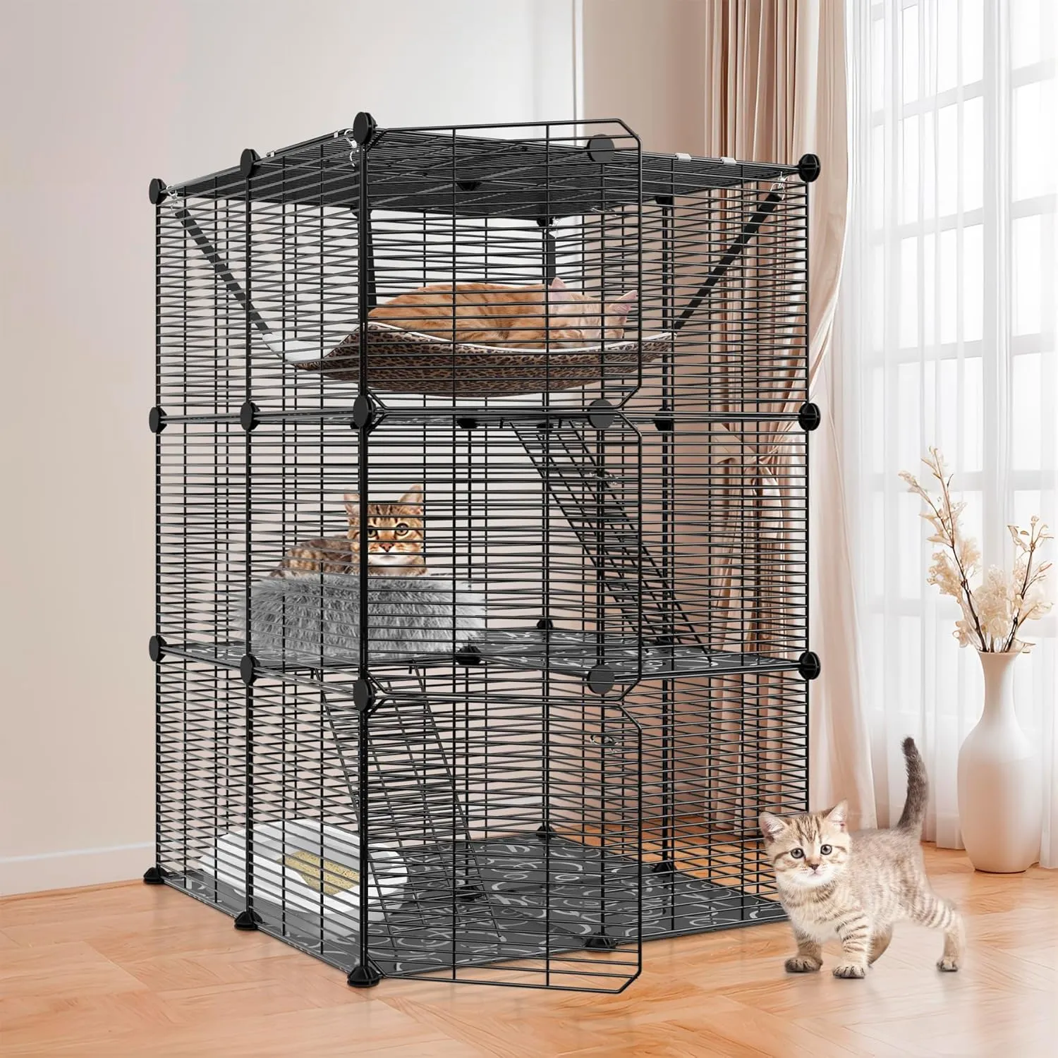 ZENY™ 3-Tier Cat Cage Indoor Cat Enclosures DIY Cat Kennel Detachable Metal Wire Cat Playpen with Hammock