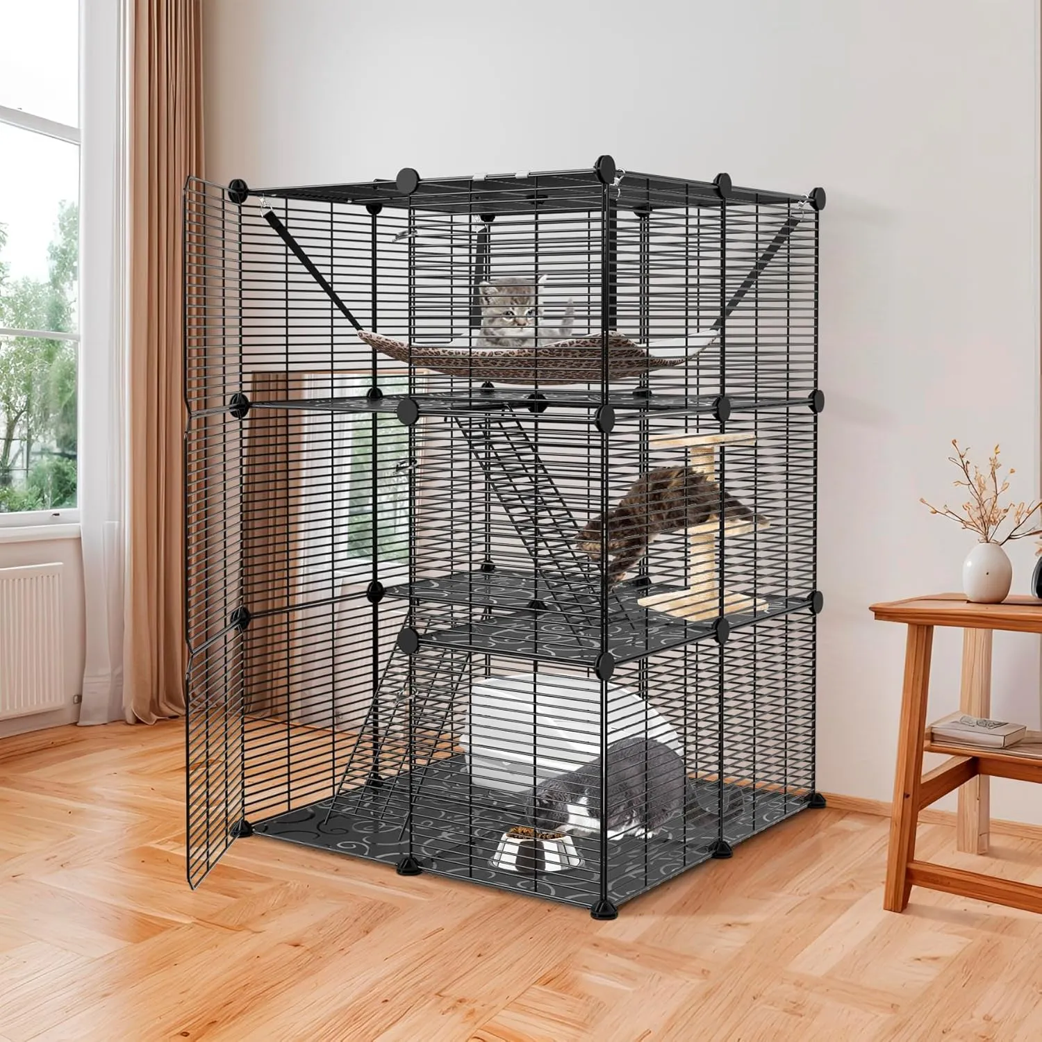 ZENY™ 3-Tier Cat Cage Indoor Cat Enclosures DIY Cat Kennel Detachable Metal Wire Cat Playpen with Hammock