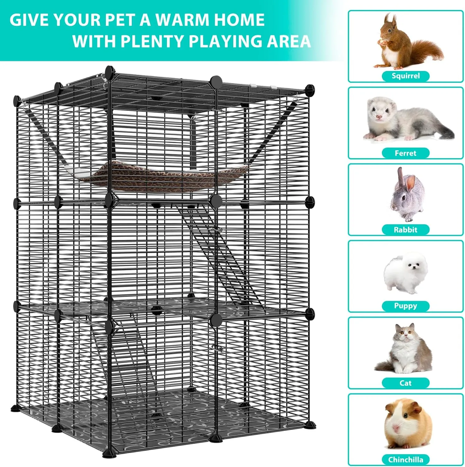 ZENY™ 3-Tier Cat Cage Indoor Cat Enclosures DIY Cat Kennel Detachable Metal Wire Cat Playpen with Hammock