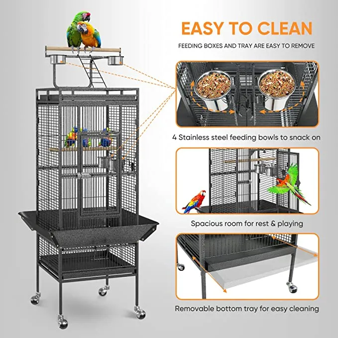 ZENY™ Large Parrot Bird Cage with Rolling Stand ,Black